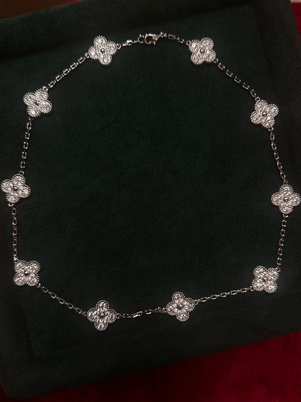 Silver Floral Clover Station Necklace - Women Jewelry